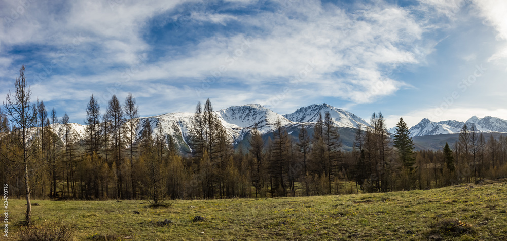 Kurai steppe and its surrounding mountains with snowy peaks, Altai, Russia