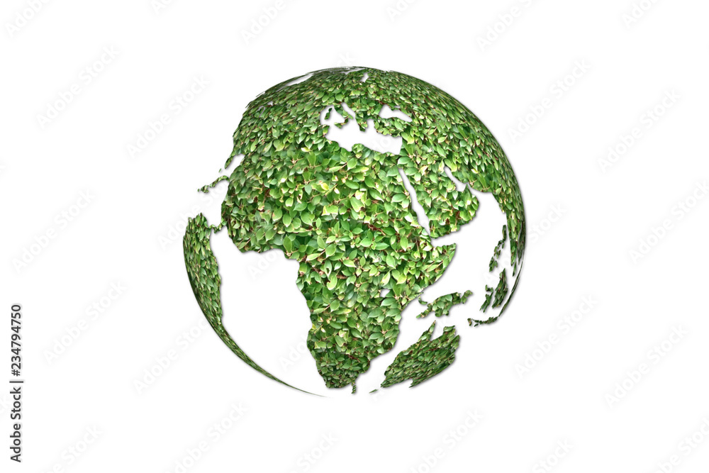 3D illustration of green world concept. Globe created from green leaves with soft shadow on solid white color background. For earth saving, nature conserving, peaceful, animal cares concept. 3D illustration of green world concept. Globe created from green leaves with soft shadow on solid white color background. For earth saving, nature conserving, peaceful, animal cares concept.