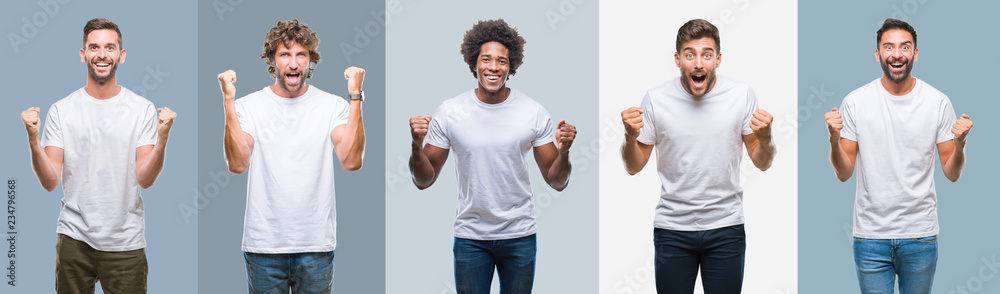 Collage of group of handsome hispanic, indian and arab men over vintage background celebrating surprised and amazed for success with arms raised and open eyes. Winner concept. Collage of group of handsome hispanic, indian and arab men over vintage background celebrating surprised and amazed for success with arms raised and open eyes. Winner concept.