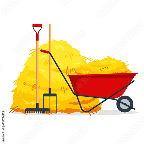 Red flat gardening wheelbarrow with bale of hay, pitchfork, rake isolated on white background. Flat dried haystack, farming haymow, agricultural rural haycock, haymaking time - vector illustration