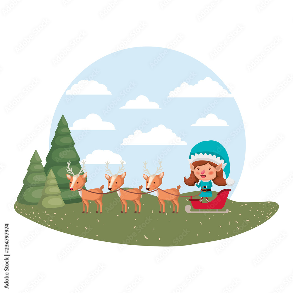 Naklejka premium elf woman with sleigh and reindeer sleigh avatar chatacter