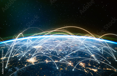 Network connected across planet Earth    view from space. Concept of smart wireless communication technology . Some elements of this image furnished by NASA