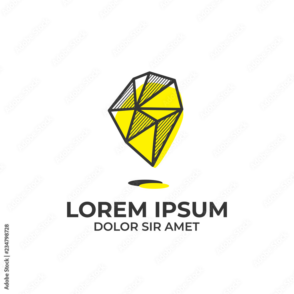 Fototapeta premium Floating flying magic gem stone logo icon with yellow light and black hatching shading style