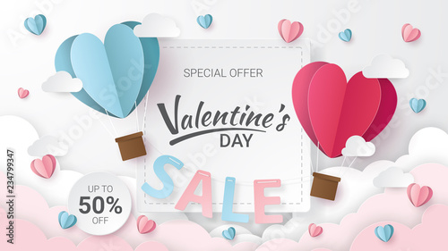 Valentines day sale background with Heart Balloons and clouds. Paper cut style. Can be used for Wallpaper, flyers, invitation, posters, brochure, banners. Vector illustration.