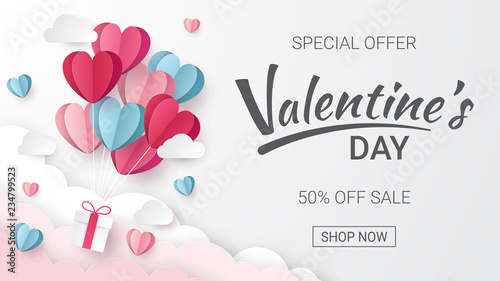 Valentines day sale background with Heart Balloons and clouds. Paper cut style. Can be used for Wallpaper, flyers, invitation, posters, brochure, banners. Vector illustration.