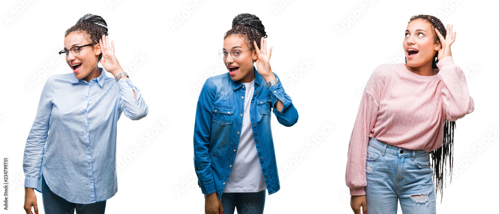 Collage of beautiful braided hair african american woman over isolated background smiling with hand over ear listening an hearing to rumor or gossip. Deafness concept. Collage of beautiful braided hair african american woman over isolated background smiling with hand over ear listening an hearing to rumor or gossip. Deafness concept.