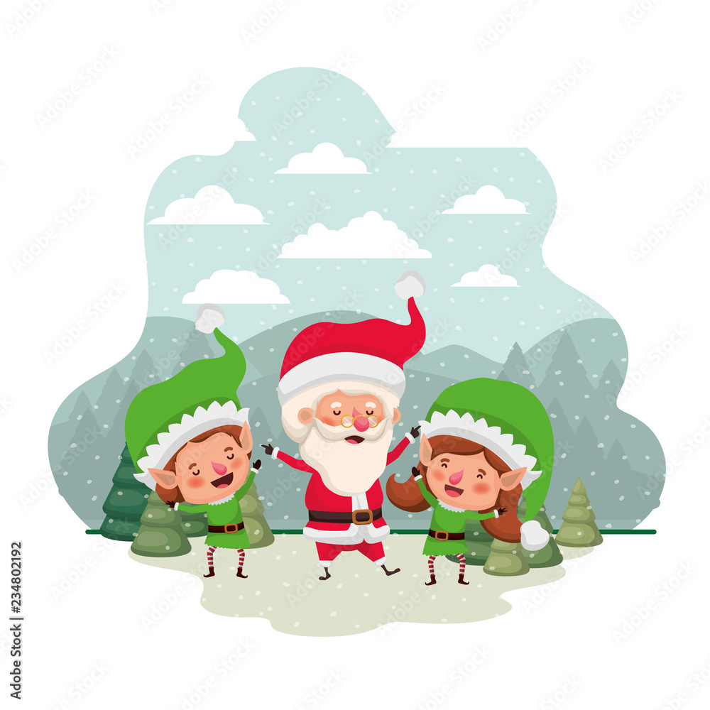 elf couple with santa claus and christmas trees with falling snow avatar character elf couple with santa claus and christmas trees with falling snow avatar character