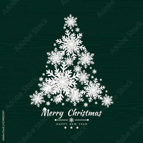Merry Christmas and Happy New Year background with Christmas tree made of snowflakes. Vector illustration