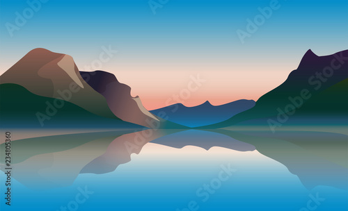 Low poly beautiful mountain landscape with lake. Vector illustration.
