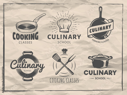 Culinary school logos. Vector emblems for cooking classes, workshops and courses. Set of monochrome badgess with chefs hat, pans and kitchenware on vintage paper background