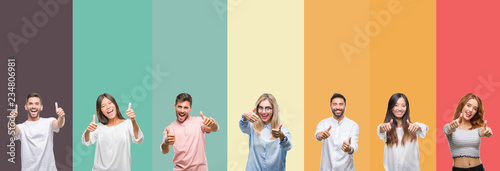 Collage of different ethnics young people over colorful stripes isolated background approving doing positive gesture with hand  thumbs up smiling and happy for success. Looking at the camera