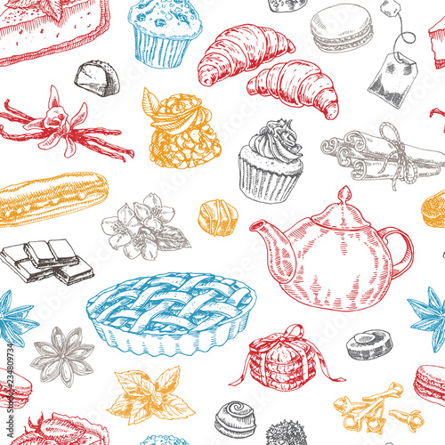 Foto seamless pattern of tea and desserts