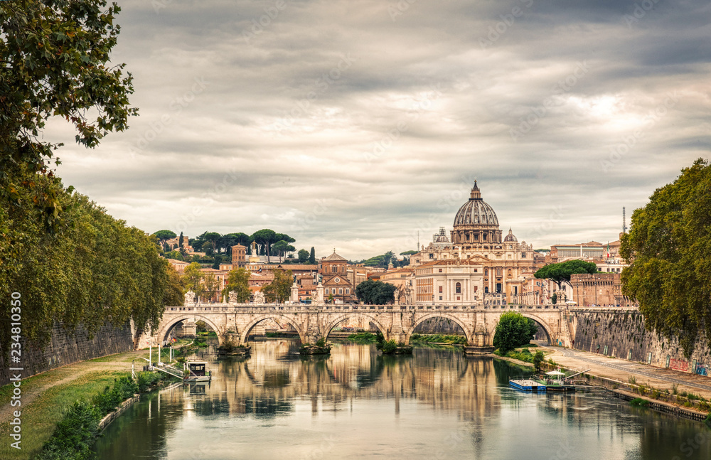 View at Tiber and St. Peter's cathedral in Rome, Italy