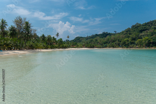Beautiful beach with palm trees. Summer vacation travel holiday in Kohkood Island Thailand.