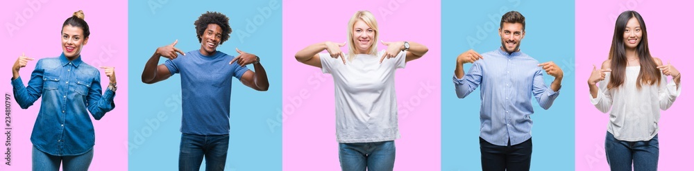 Collage of group of young casual people over colorful isolated background looking confident with smile on face, pointing oneself with fingers proud and happy. Collage of group of young casual people over colorful isolated background looking confident with smile on face, pointing oneself with fingers proud and happy.