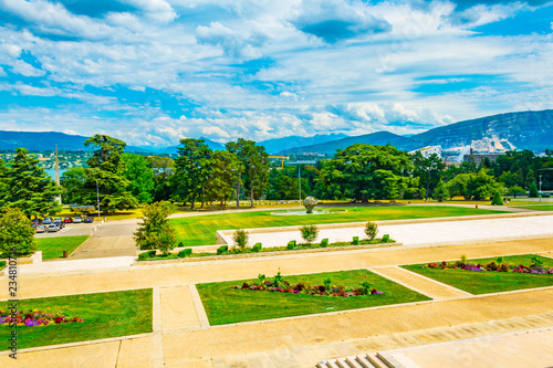 Park at the Palace of Nations building - seat of the United nations - in Geneva, Switzerland
