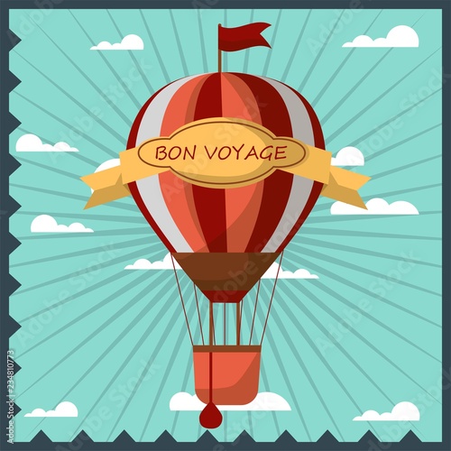 Airballon isolated in sky with white clouds colorful greeting card with dark blue wavy frame.