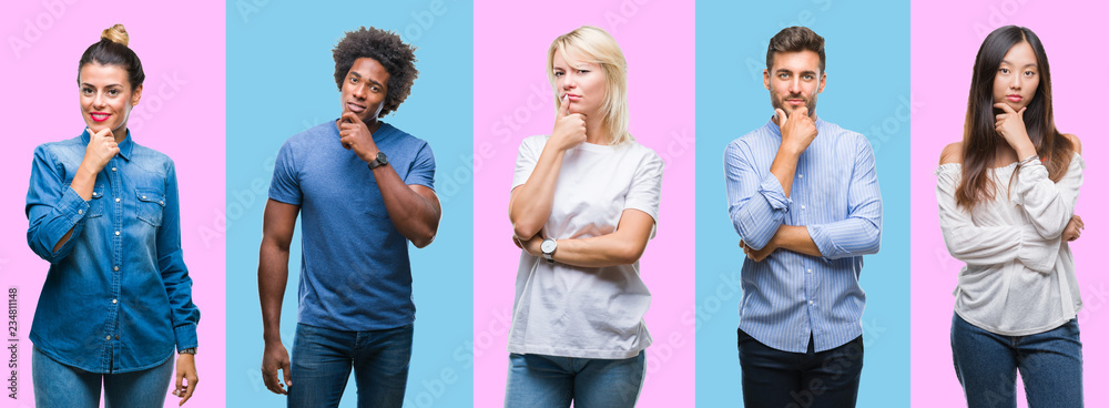 Obraz premium Collage of group of young casual people over colorful isolated background looking confident at the camera with smile with crossed arms and hand raised on chin. Thinking positive.
