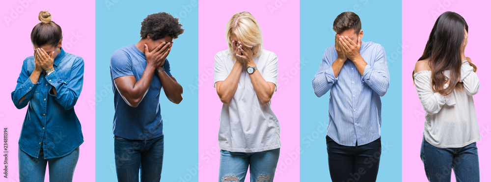 Collage of group of young casual people over colorful isolated background with sad expression covering face with hands while crying. Depression concept.