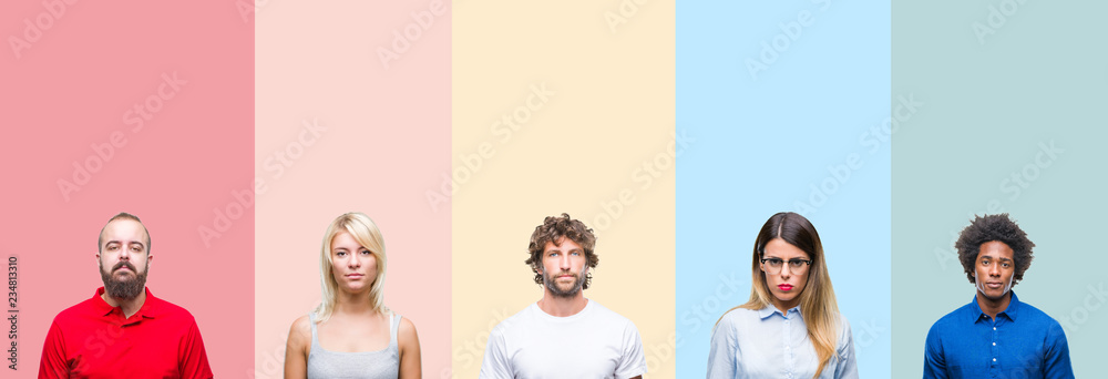 Fototapeta premium Collage of group of young people over colorful vintage isolated background with serious expression on face. Simple and natural looking at the camera.