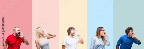 Collage of group of young people over colorful vintage isolated background shouting and screaming loud to side with hand on mouth. Communication concept.