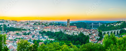 Sunset view over skyline of Fribourg, Switzerland