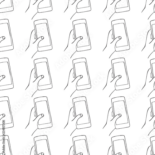 Doodle hand drawn seamless pattern with sketch hand and phone