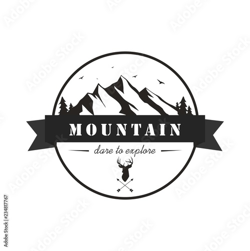 Forest, Mountain Adventure, Deer Hunter Black And White Badge Vector Logo Template