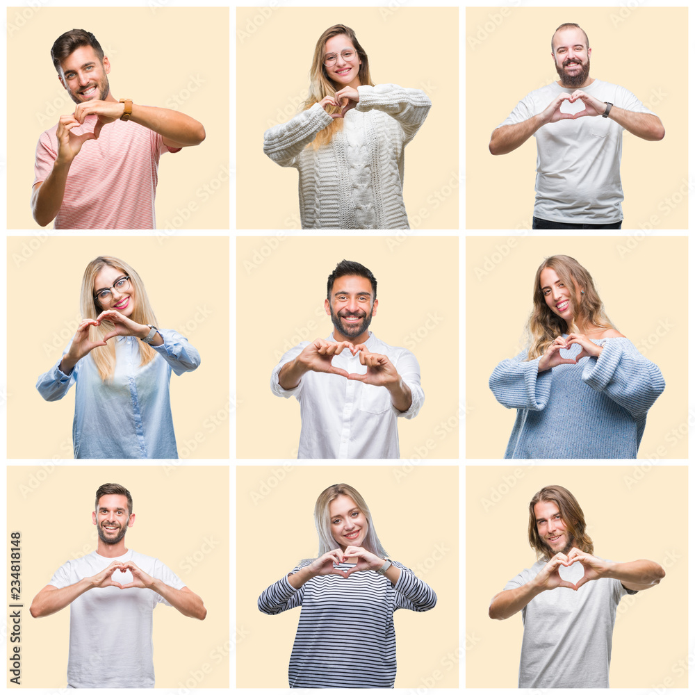 Collage of group people, women and men over colorful yellow isolated background smiling in love showing heart symbol and shape with hands. Romantic concept. Collage of group people, women and men over colorful yellow isolated background smiling in love showing heart symbol and shape with hands. Romantic concept.
