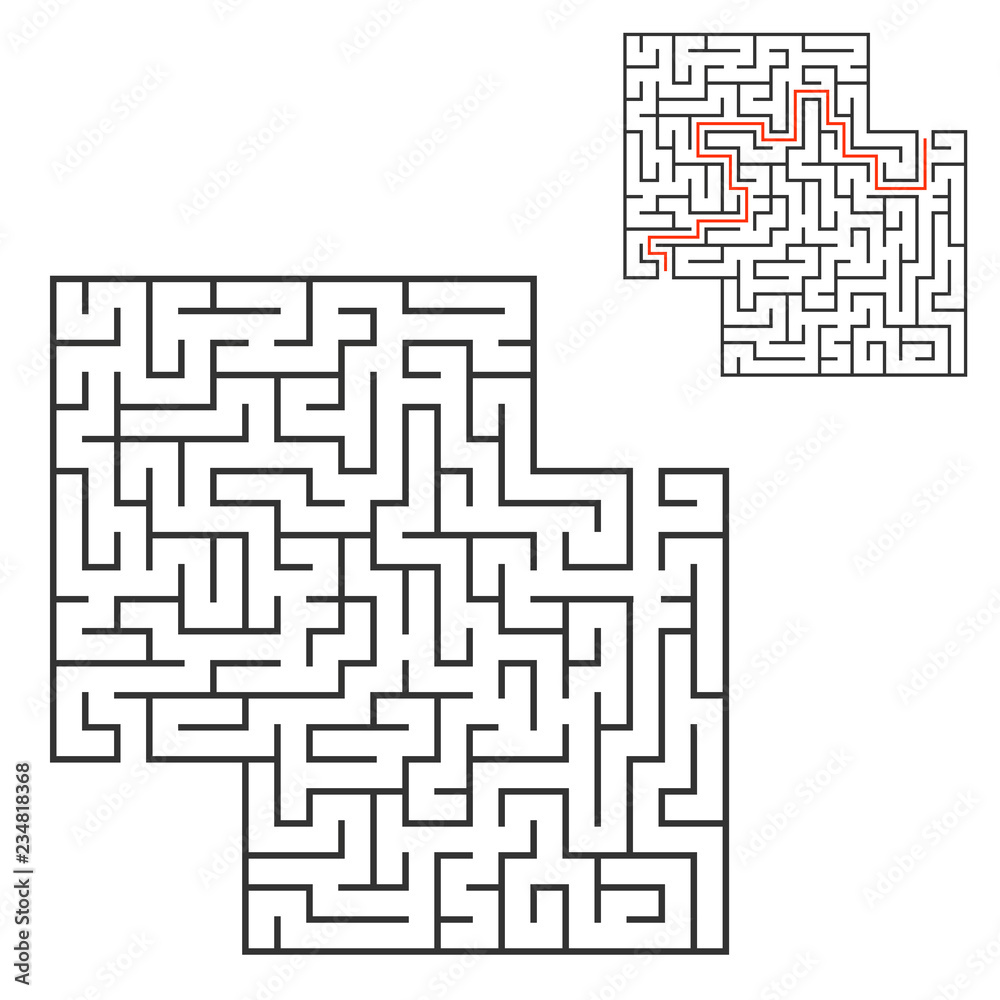 Abstract square maze. Game for kids. Puzzle for children. One entrance, one exit. Labyrinth conundrum. Flat vector illustration. With answer. With place for your image. Abstract square maze. Game for kids. Puzzle for children. One entrance, one exit. Labyrinth conundrum. Flat vector illustration. With answer. With place for your image.