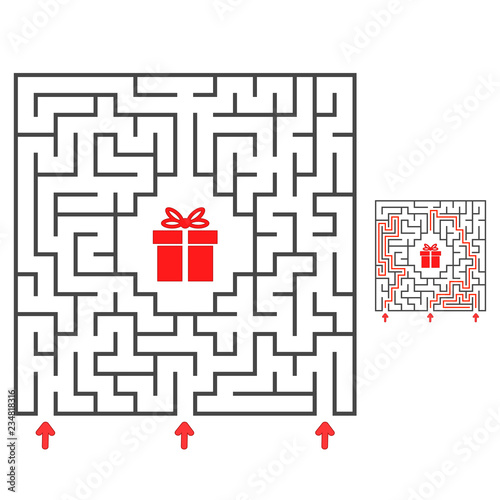 Abstract square maze. Find the path to the gift. Game for kids. Puzzle for children. Labyrinth conundrum. Flat vector illustration isolated on white background. With answer.