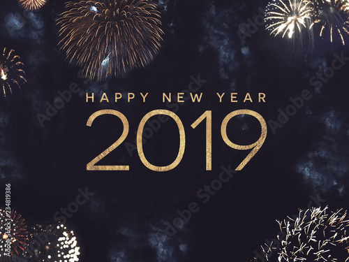 Happy New Year 2019 Celebration Text with Festive Gold Fireworks Collage in Night Sky