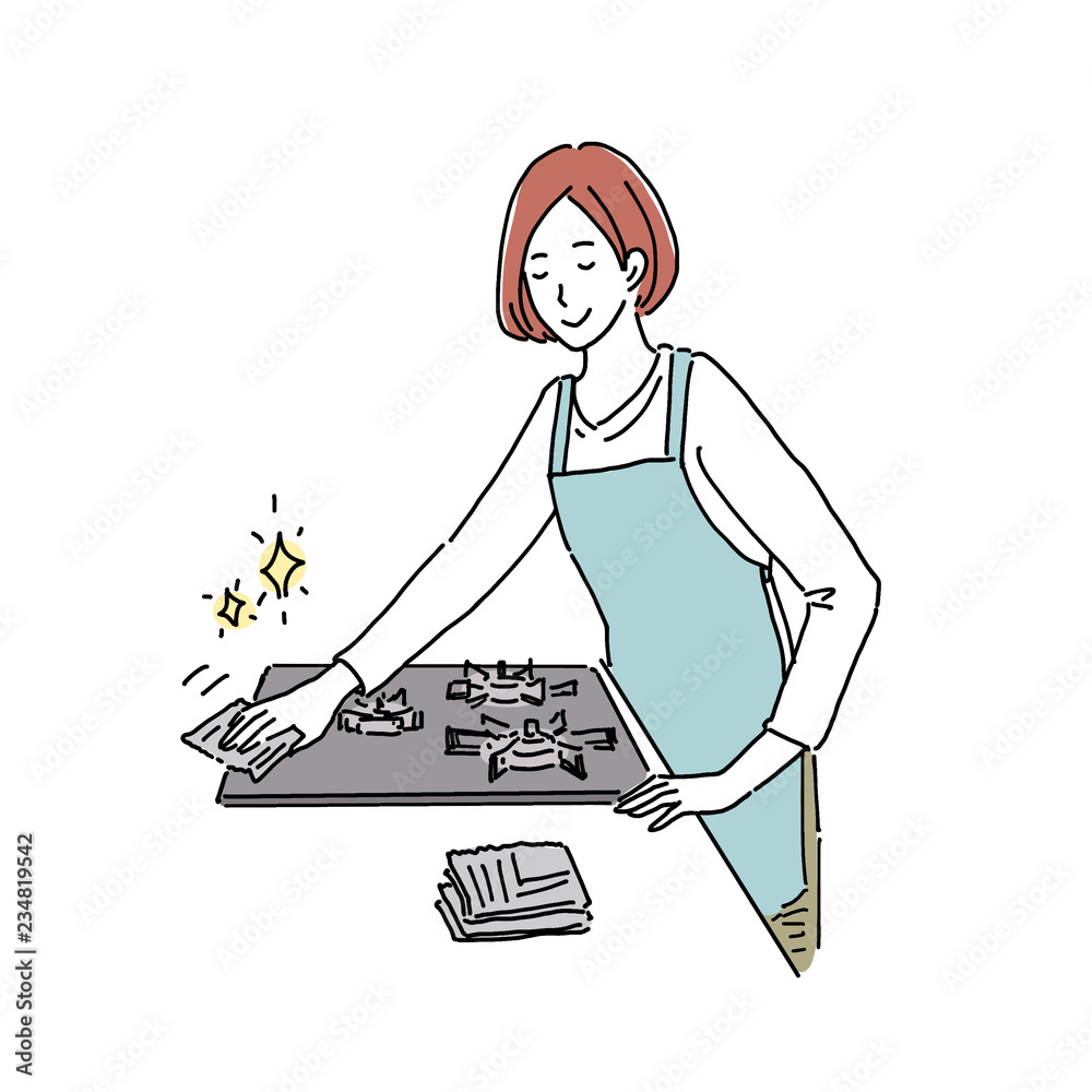 コンロを拭く女性 イラスト Stock Vector Adobe Stock