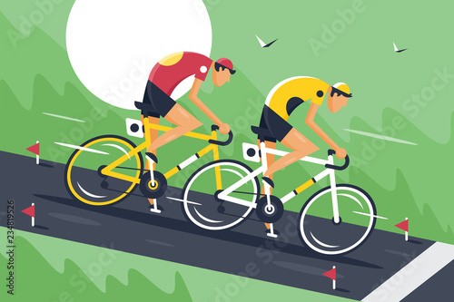 Young men in sportswear and bicycle helmet fast ride cycling competitions.