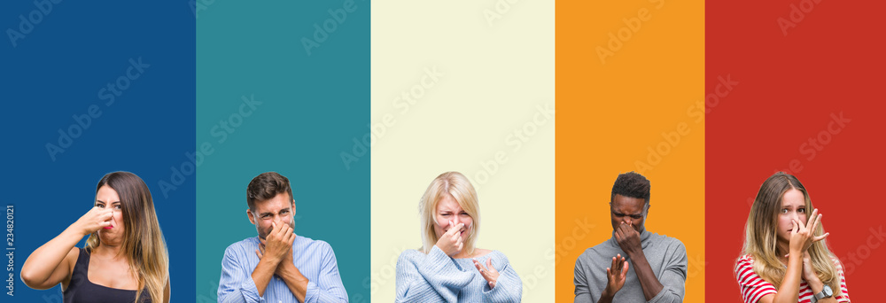 Fototapeta premium Collage of group of young people over colorful vintage isolated background smelling something stinky and disgusting, intolerable smell, holding breath with fingers on nose. Bad smells concept.
