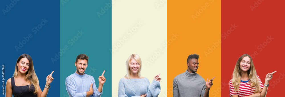Fototapeta premium Collage of group of young people over colorful vintage isolated background with a big smile on face, pointing with hand and finger to the side looking at the camera.