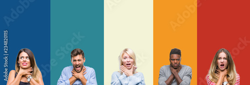 Fotografija Collage of group of young people over colorful vintage isolated background shouting and suffocate because painful strangle