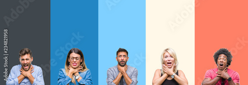 Cuadro en lienzo Collage of group of young people over colorful vintage isolated background shouting and suffocate because painful strangle