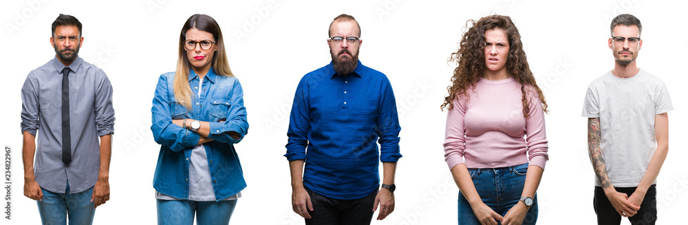 Collage of group of young casual people over isolated background skeptic and nervous, frowning upset because of problem. Negative person.