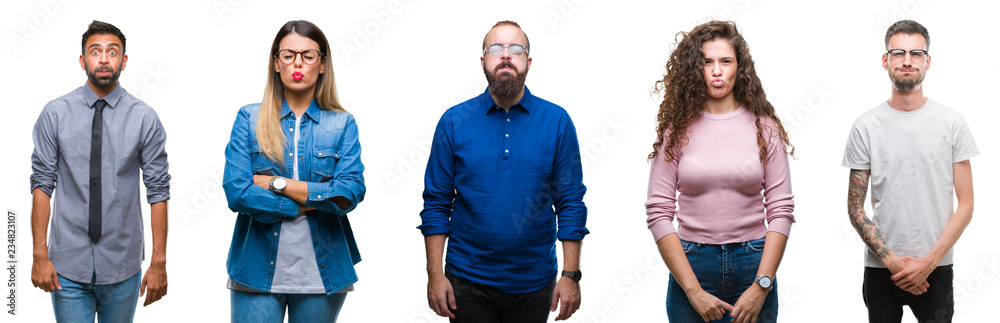 Collage of group of young casual people over isolated background puffing cheeks with funny face. Mouth inflated with air, crazy expression. Collage of group of young casual people over isolated background puffing cheeks with funny face. Mouth inflated with air, crazy expression.