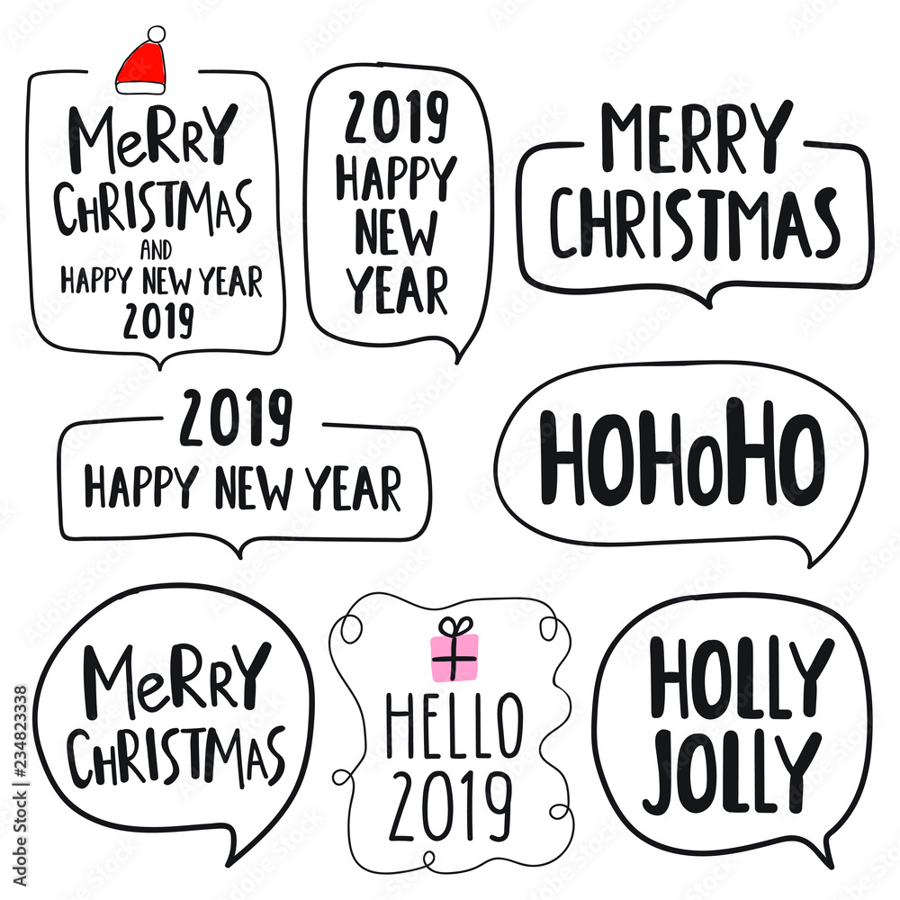 Set of hand drawn lettering funny quotes for merry christmas and happy new year 2019. Vector lettering illustrations for greeting card, stickers, t shirt, posters design.