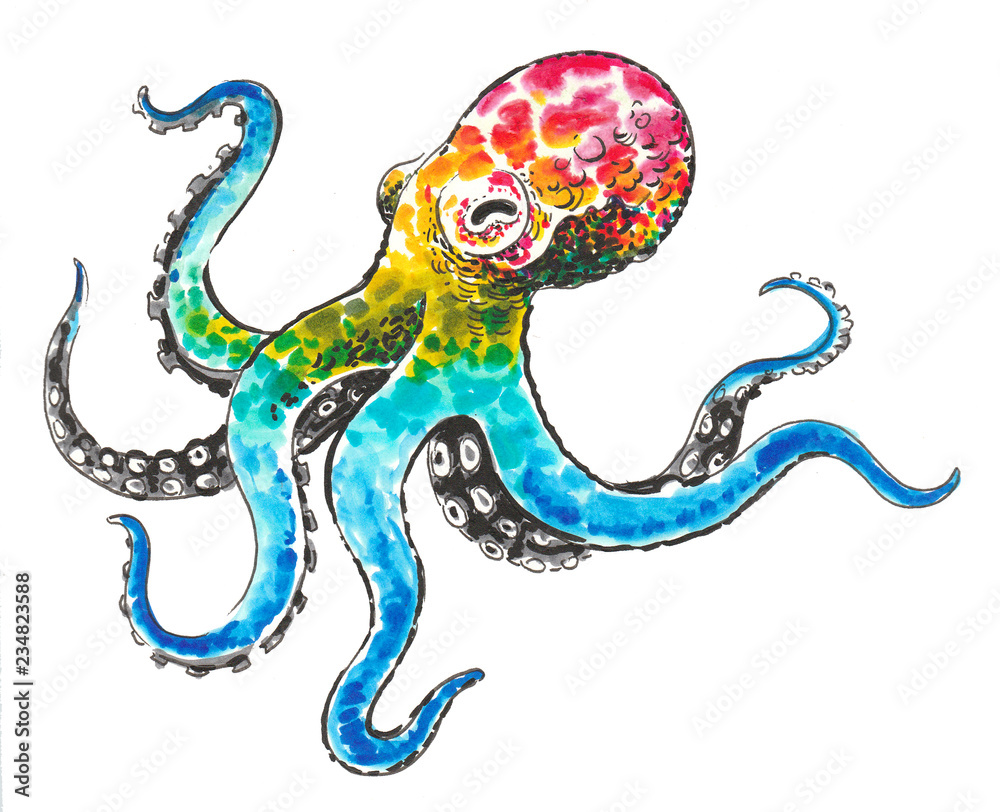 Rainbow colored octopus. Ink and watercolor illustration Stock