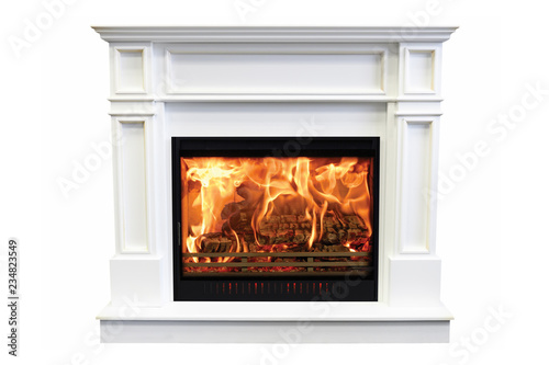 Classic marble burning fireplace isolated on white background