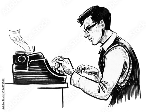 Writer in glasses typing on retro typewriter. Ink black and white drawing