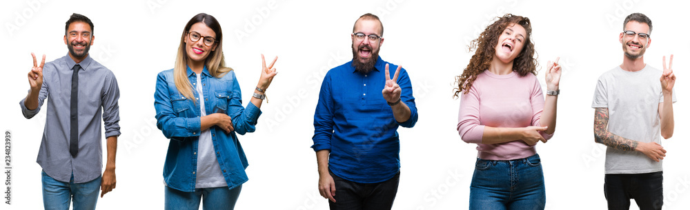Collage of group of young casual people over isolated background smiling with happy face winking at the camera doing victory sign. Number two. Collage of group of young casual people over isolated background smiling with happy face winking at the camera doing victory sign. Number two.