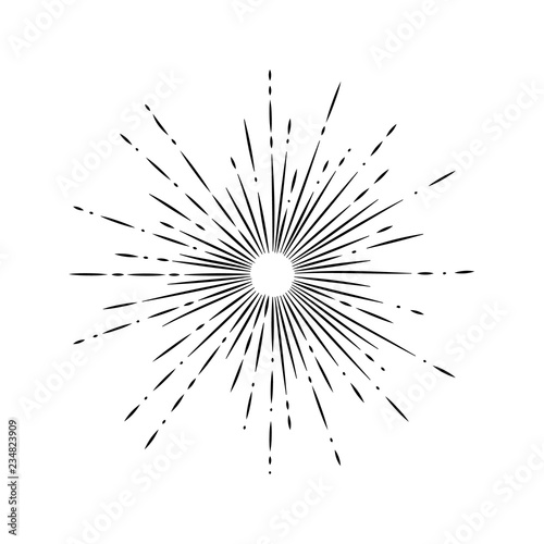 Light rays, sunburst and rays of sun. Firework icon. Design elements, linear drawing, vintage hipster style. Light rays sunburst, arrow, ribbon Vector Illustration