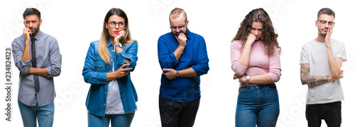 Collage of group of young casual people over isolated background thinking looking tired and bored with depression problems with crossed arms.
