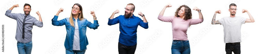 Collage of group of young casual people over isolated background showing arms muscles smiling proud. Fitness concept. Collage of group of young casual people over isolated background showing arms muscles smiling proud. Fitness concept.