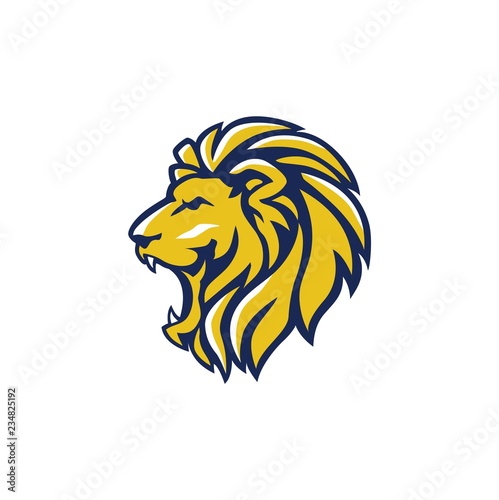 Blue Yellow Angry Lion Head, Vector Logo Design, Illustration, Template