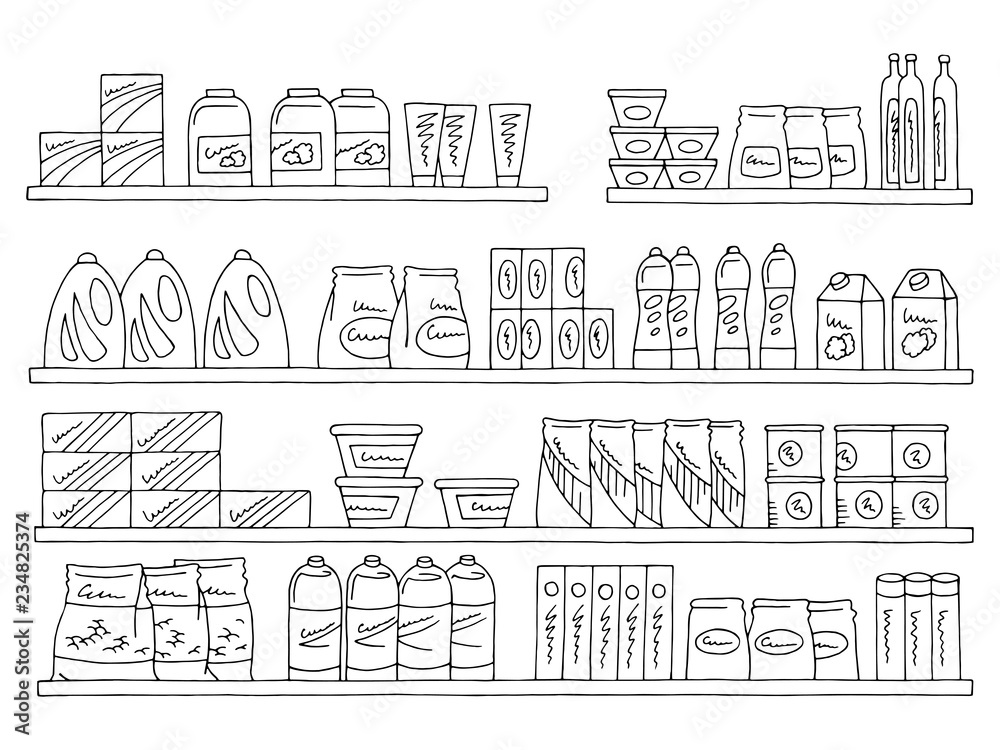 Shelves set graphic black white isolated sketch food grocery store illustration vector